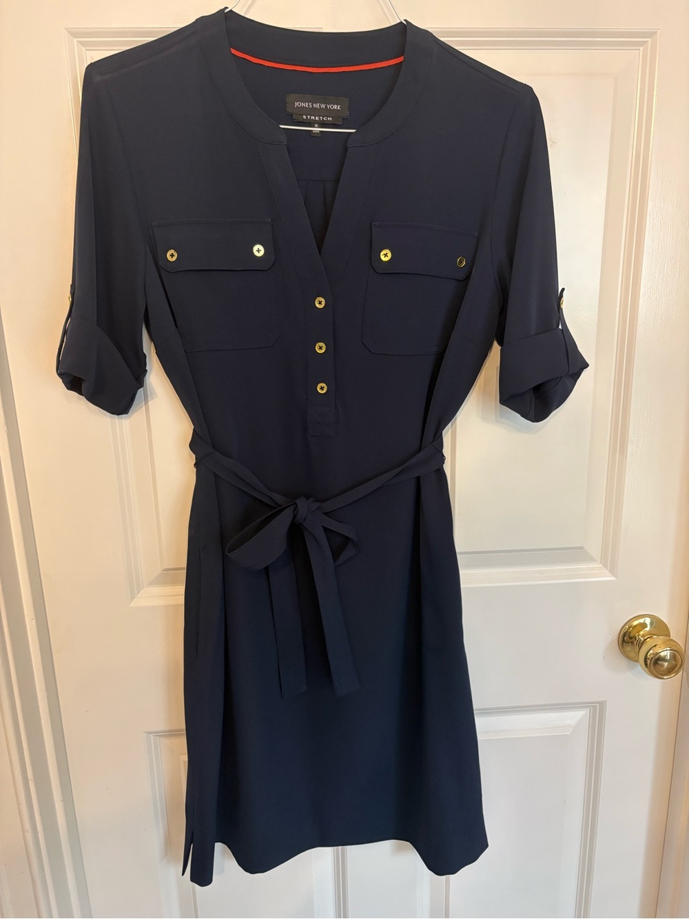 Jones New York Navy Tie-Waist Shirt Dress with Gold Buttons